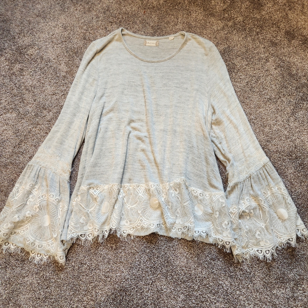 Altar'd State Light Gray Lace Bell Sleeve Blouse
